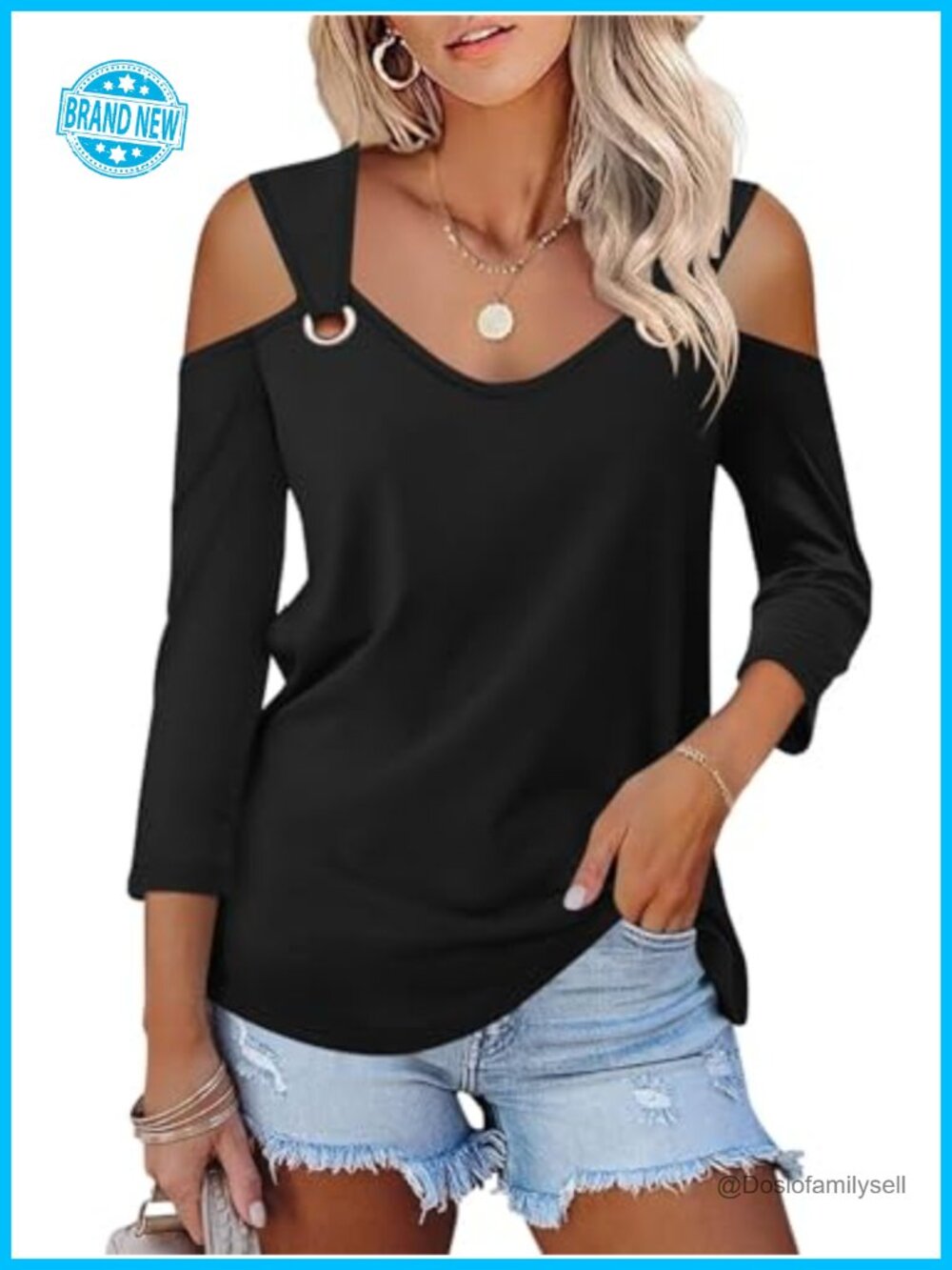 Women's V Neck 3/4 Sleeve Cold Shoulder Top Polyester Cotton Spandex Casual Tee